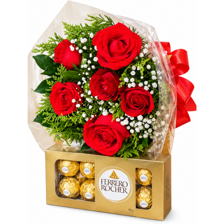 Buquê Europeu 06 Rosas + Ferrero 8 Bombons